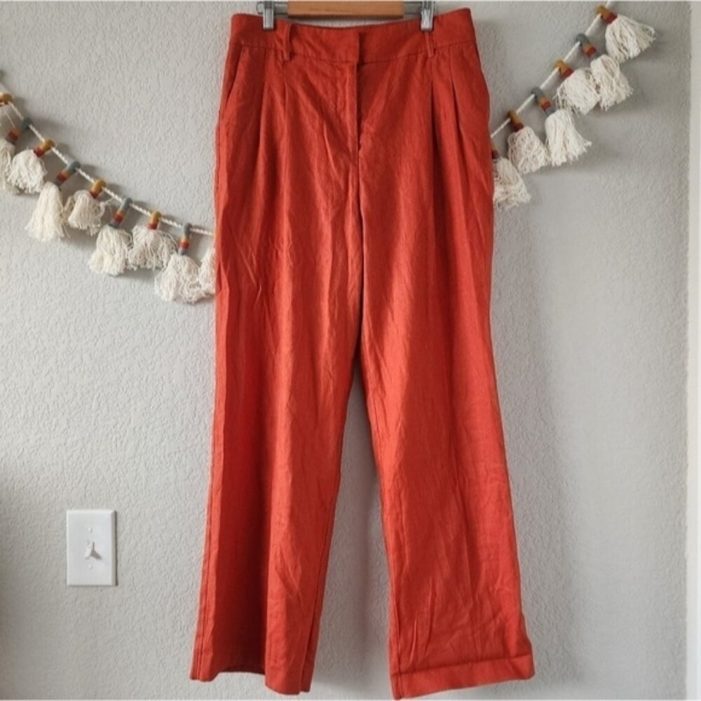 House Of Harlow Linen Orange Straight Leg Trouser Pants Minimalist Contemporary